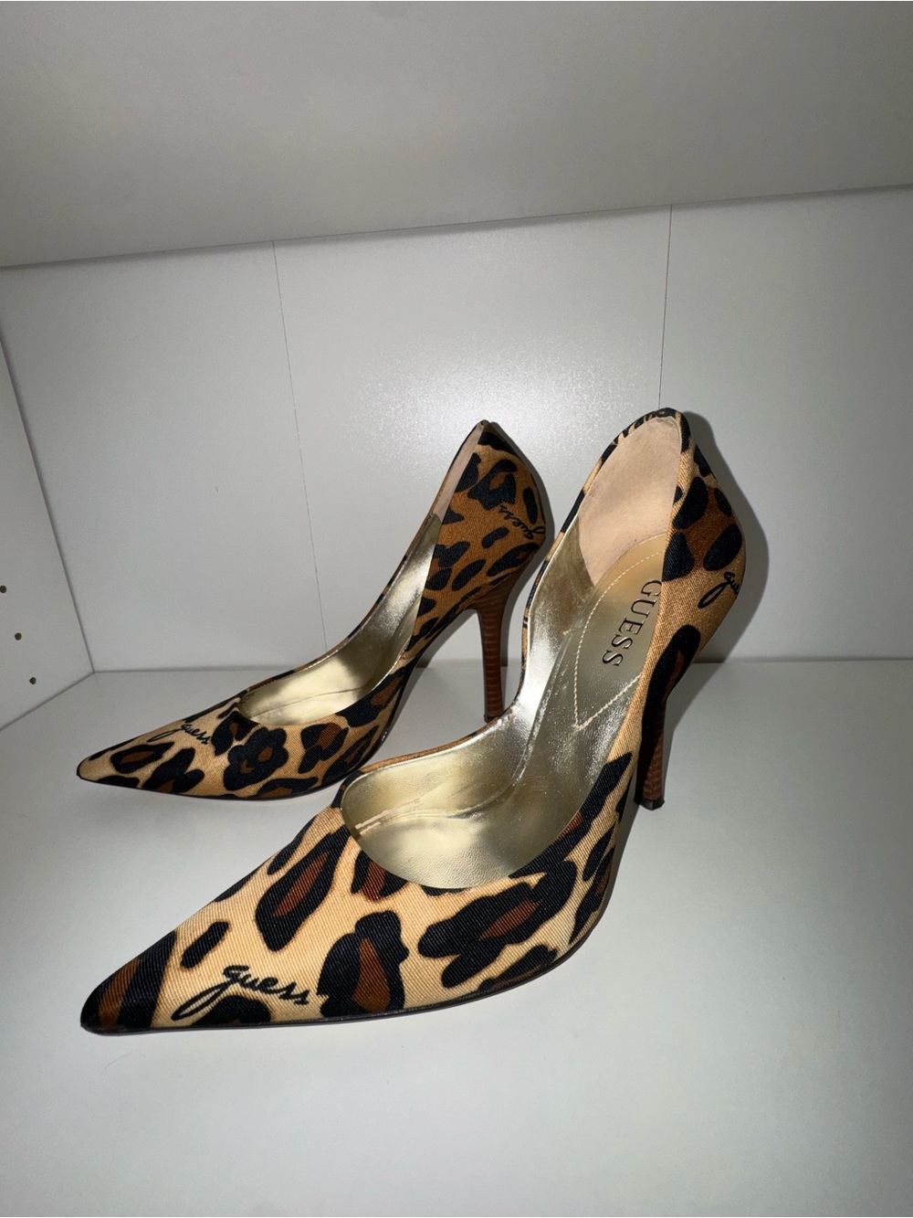 GUESS Leopard-Print Pointed Toe Pumps in Tan and Black